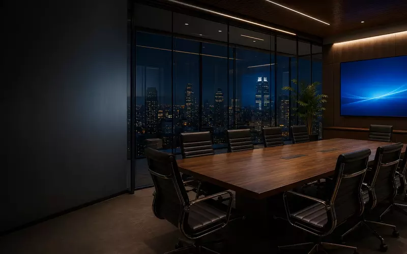 Modern office conference room with integrated audiovisual systems