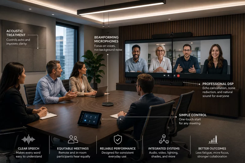 Hybrid conference room illustrating acoustic treatment, beamforming microphones, professional DSP, and simple control