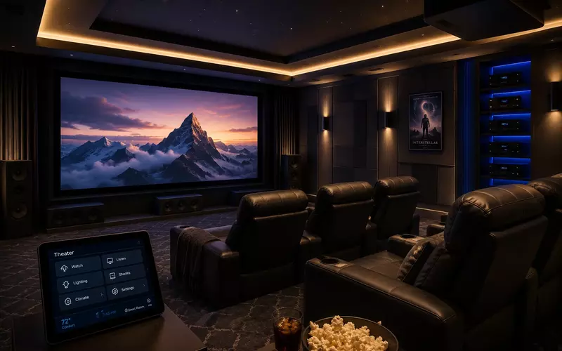 Premium home theater with projector, acoustic treatment, seating, and integrated control