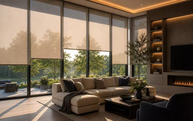 Luxury living room with floor-to-ceiling windows and integrated motorized roller shades