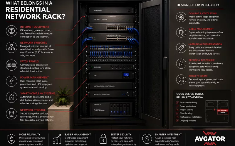 Residential network rack infographic showing internet equipment, switches, patch panels, power management, automation, audio distribution, and network storage