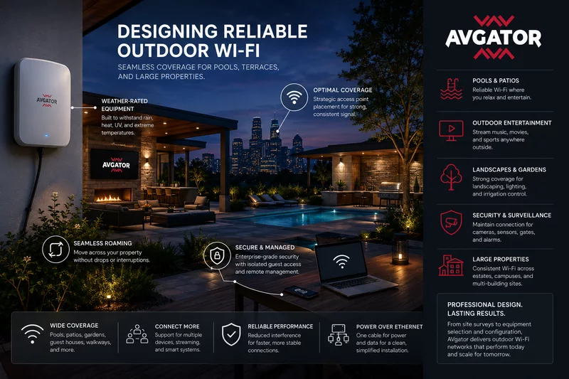 Luxury outdoor property with weather-rated Wi-Fi, seamless roaming, managed security, and PoE infrastructure