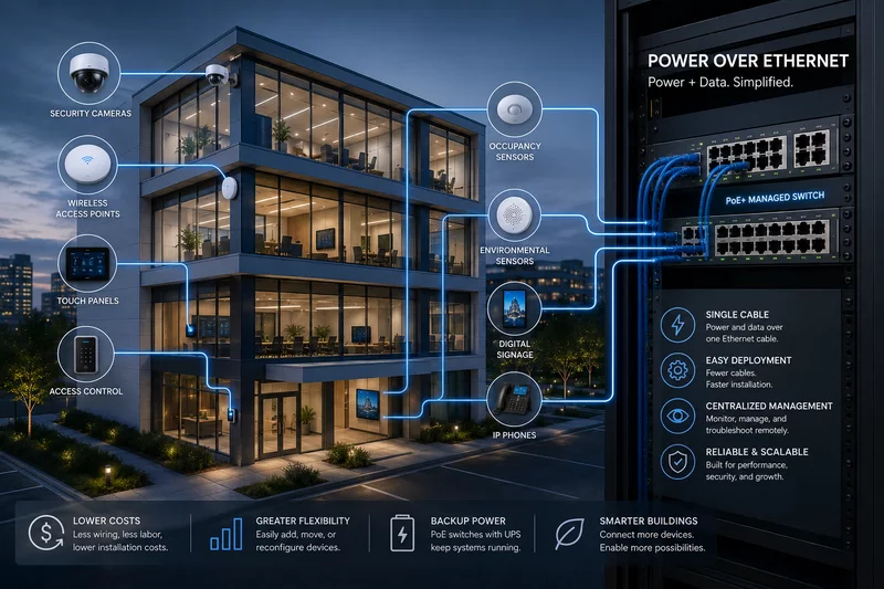 Smart commercial building connecting cameras, access points, controls, sensors, signage, and phones to managed PoE switches