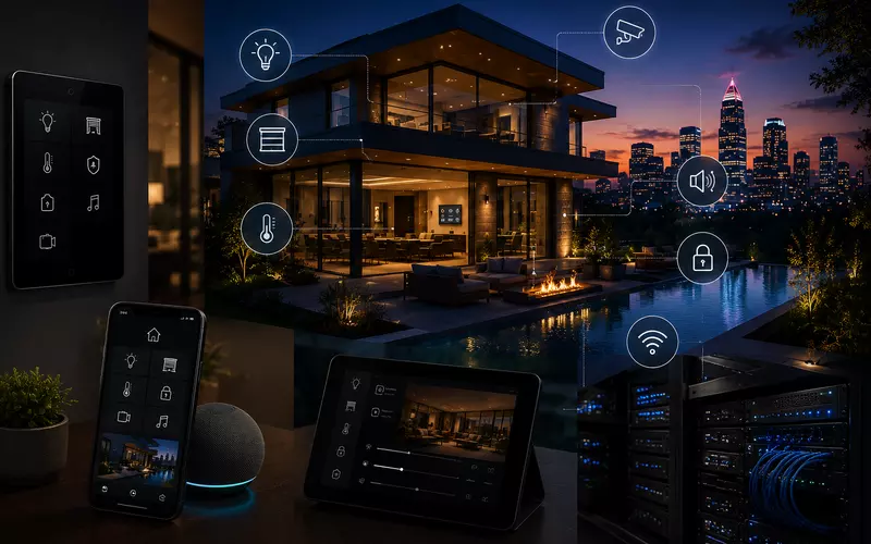 Charlotte luxury smart home with integrated lighting, shading, climate, security, audio, networking, and touchscreen control