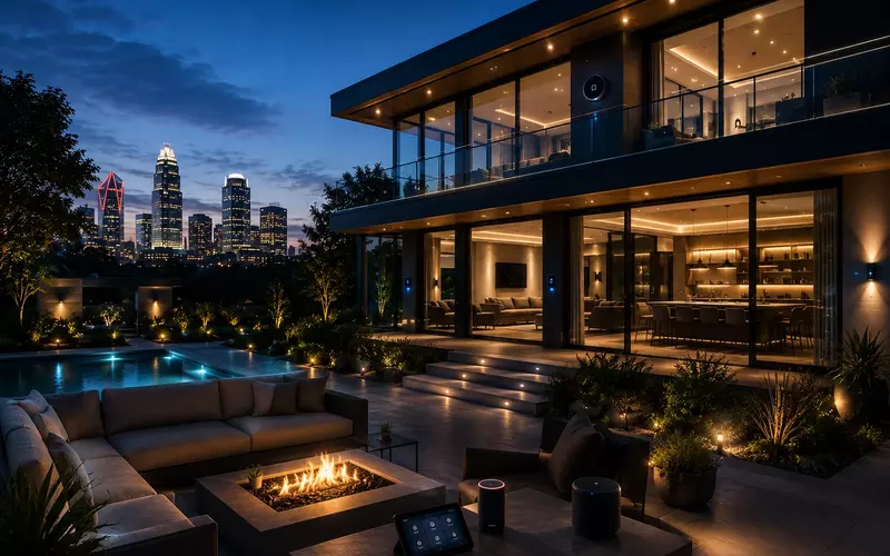 Luxury smart home installation in Charlotte featuring integrated lighting, networking, home theater, and whole-home automation