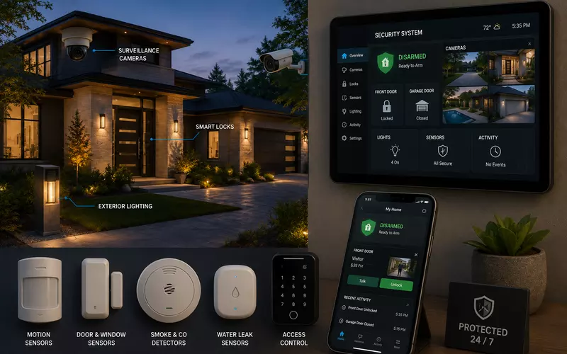 Modern residence with integrated surveillance cameras, smart locks, exterior lighting, sensors, and security controls
