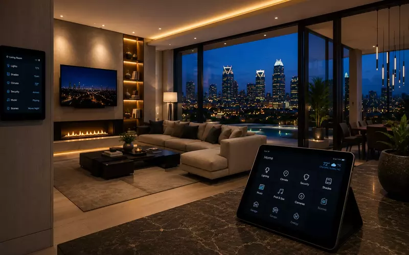 Luxury smart home interior with integrated touchscreens, lighting, and entertainment
