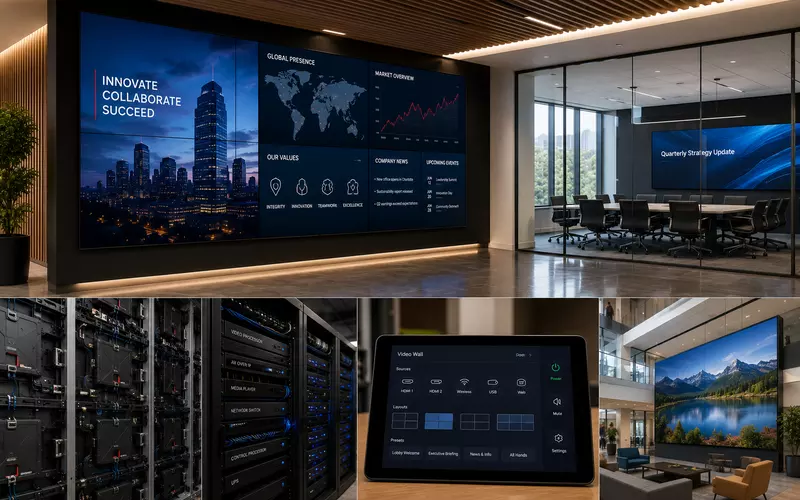 Corporate office with a multi-panel video wall, centralized AV rack, touchscreen controls, and lobby display
