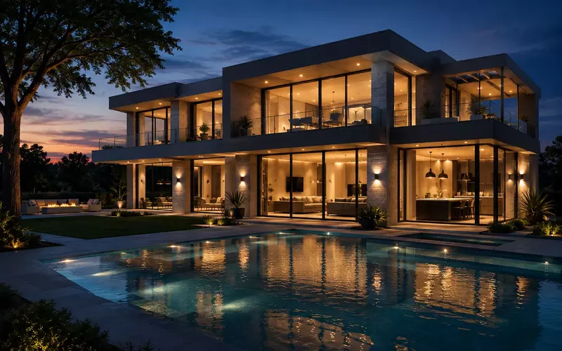 Modern luxury smart home illuminated at dusk beside a swimming pool
