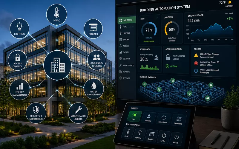 Commercial building connected to an automation dashboard for HVAC, lighting, shades, access, energy, and monitoring