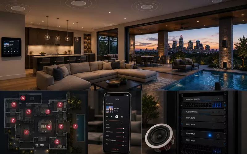 Charlotte luxury home with architectural ceiling speakers, outdoor audio zones, mobile control, and centralized audio equipment