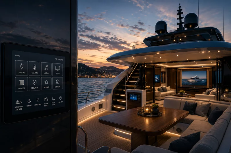 Luxury yacht with integrated lighting, climate, audio, video, security, and scene controls at sunset