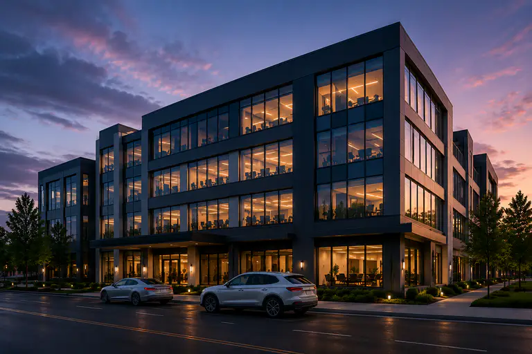 Modern commercial office building at dusk