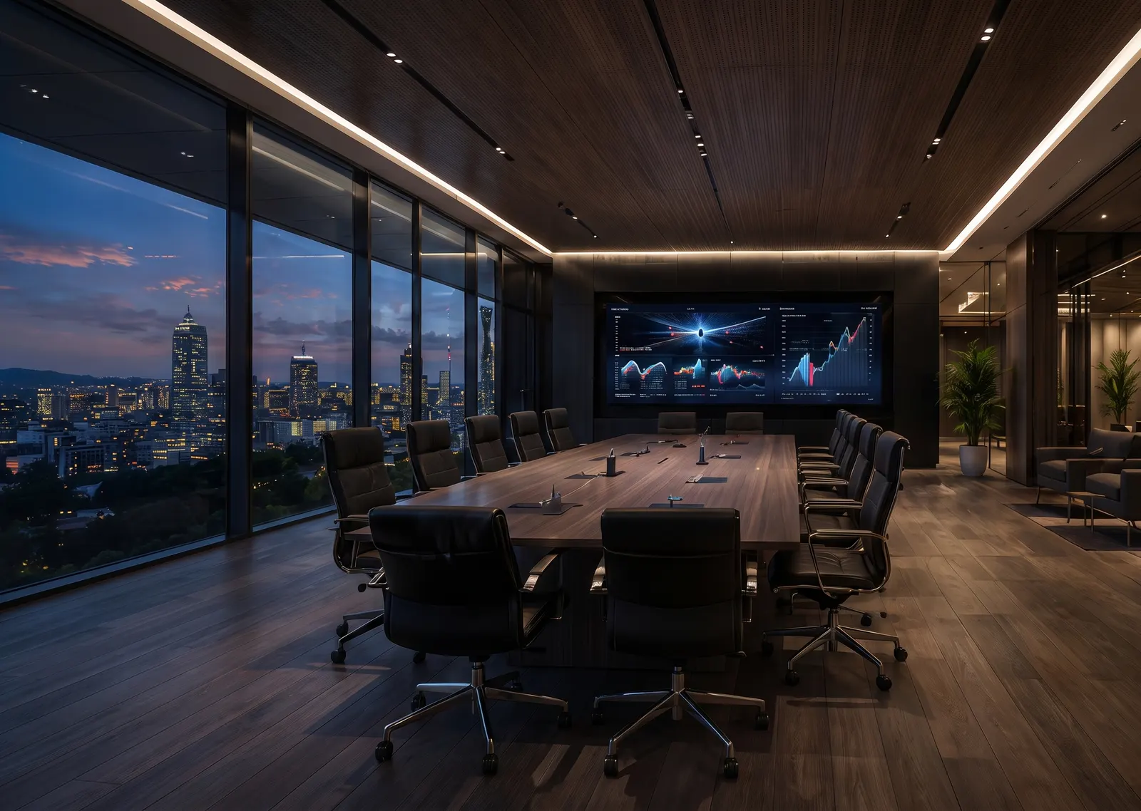 Modern commercial conference room overlooking a city skyline