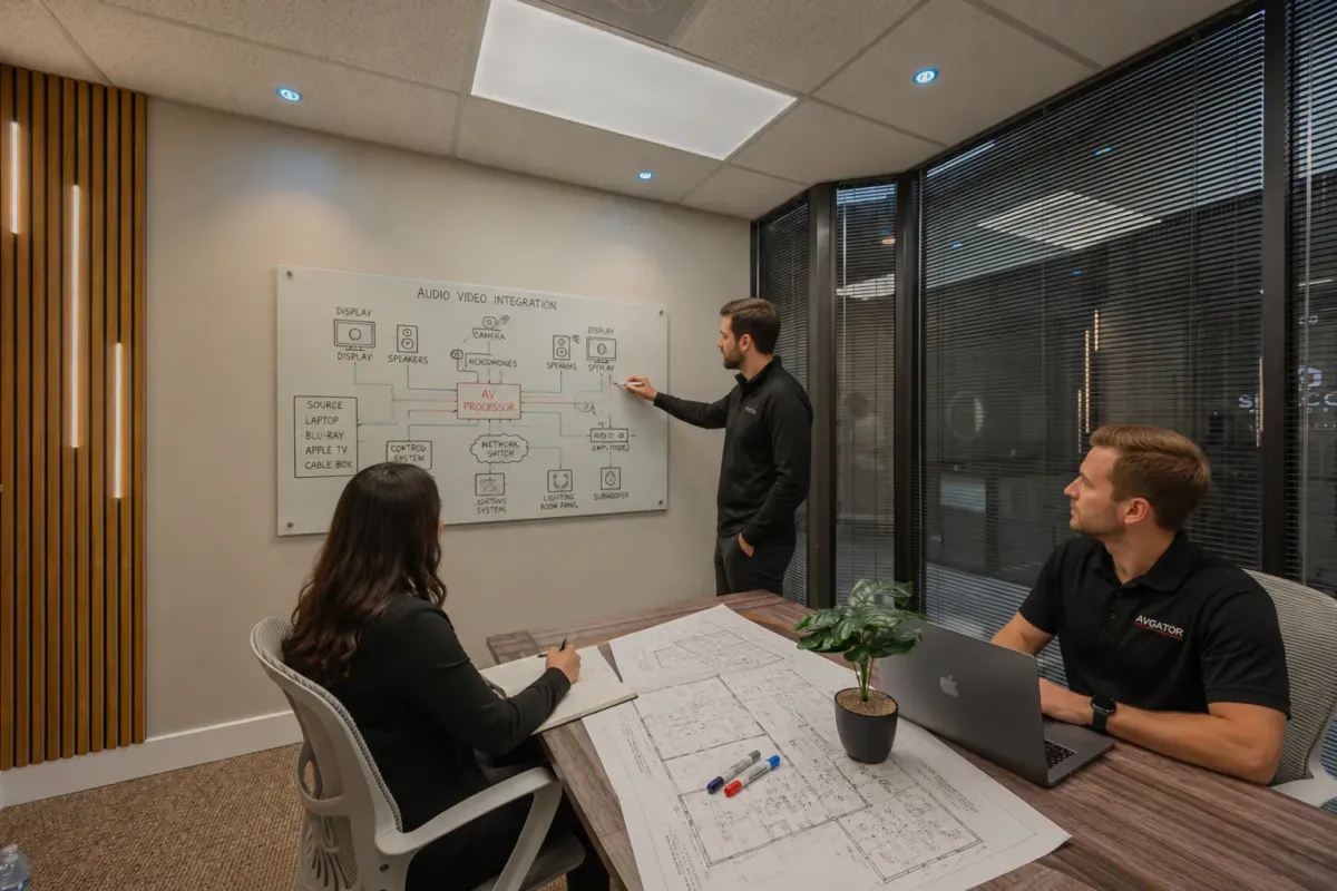 AVgator team engineering an audio-video system during a client project discussion