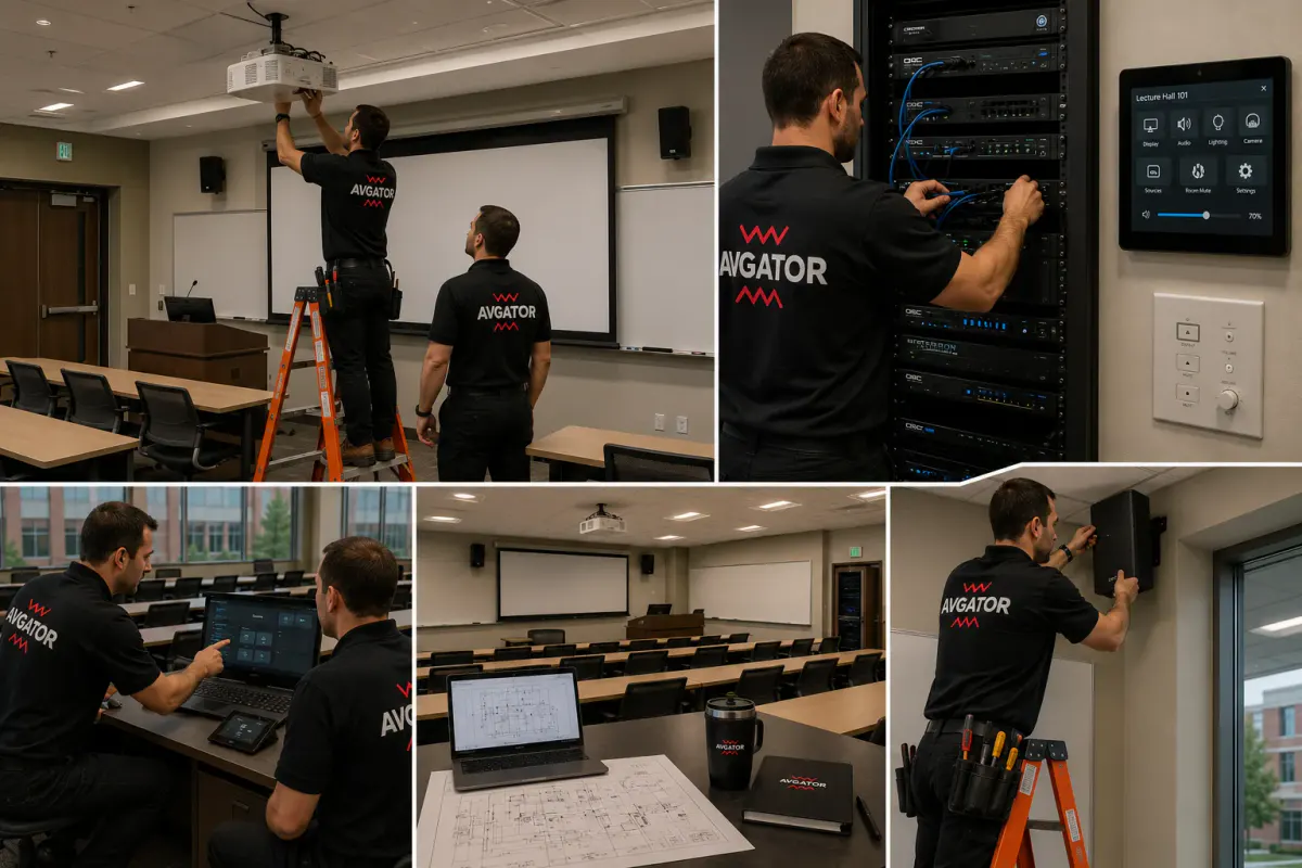 AVgator technicians installing and commissioning audiovisual systems in a university classroom