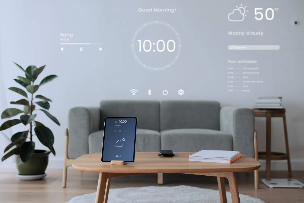 Integrated smart home controls in a modern living room